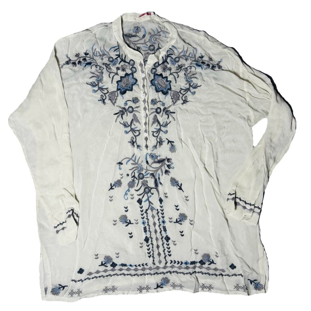 Johnny Was Alessa Tunic Womens White Blue Embroidered Bird Blouse Shirt S